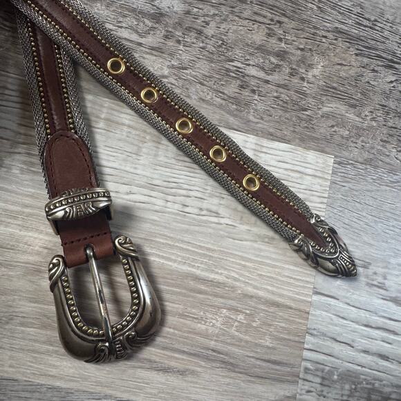 Vintage Brown Leather Chain Belt Western Boho Statement 90s Y2K Medium